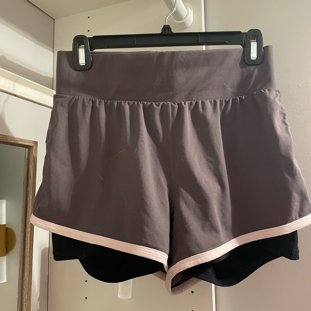 Fabletics Two Layer Double Layer Purple Gray & Black Shorts